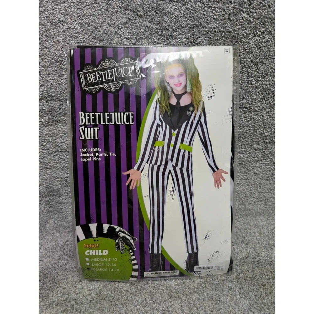 Spirit Halloween Kids Beetlejuice Suit Costume Black & White Size Child XL 14-16